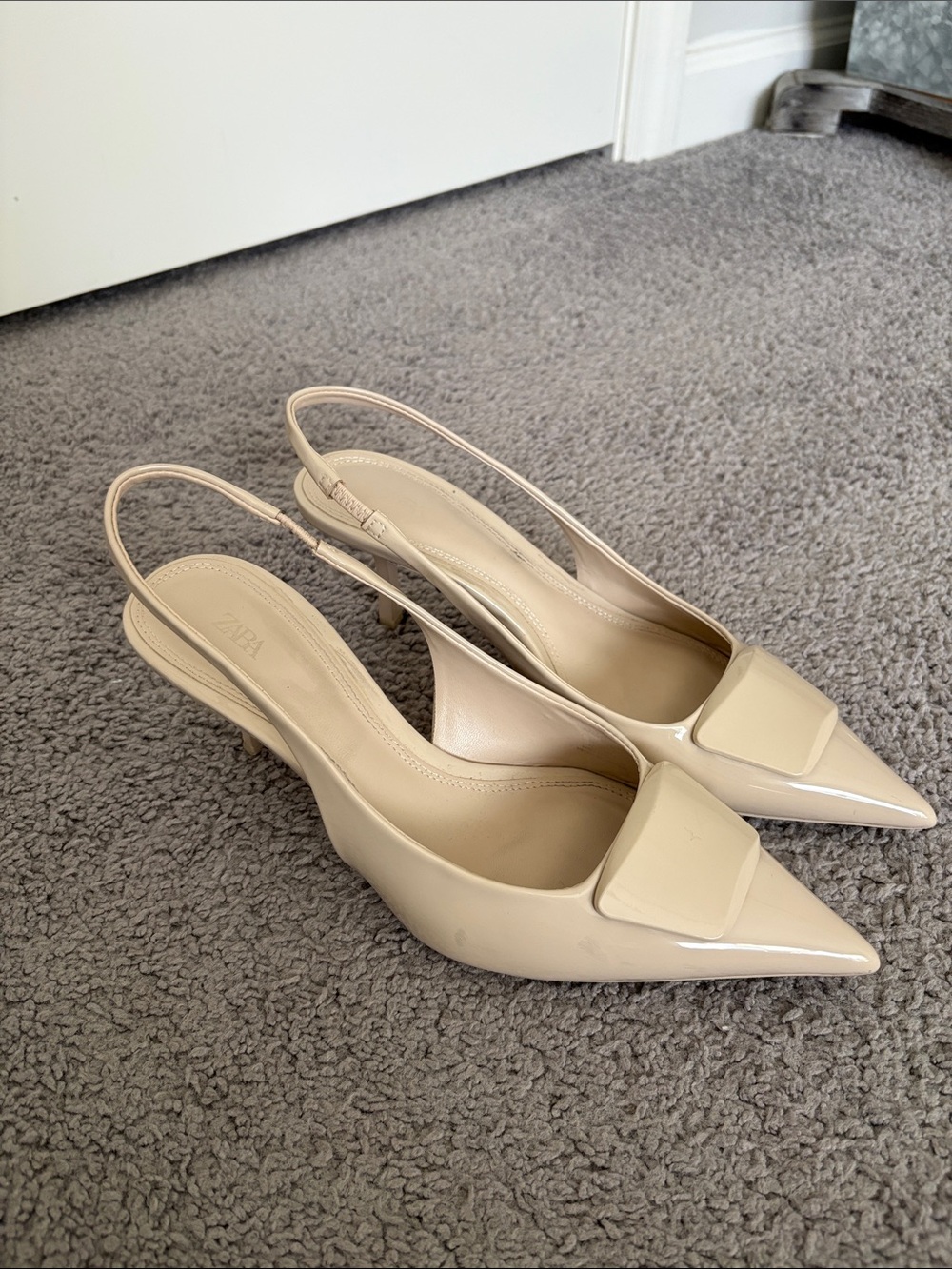 ZARA Women Preppy Corp Core White Leather Slingback Kitten Heels  SZ 40